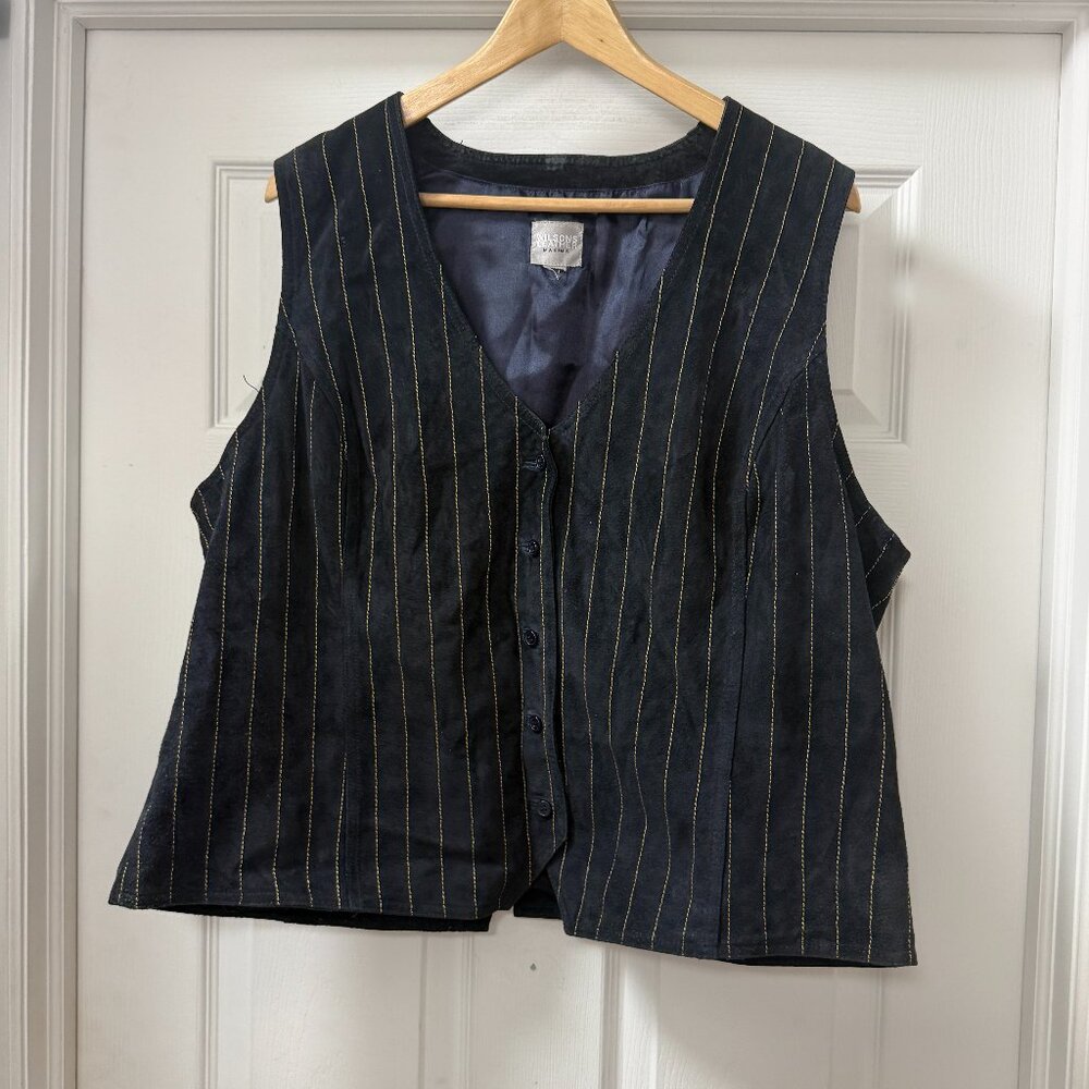 Wilsons Leather Maxima Pinstripe Navy Button 100% Leather Vest Women size XXL